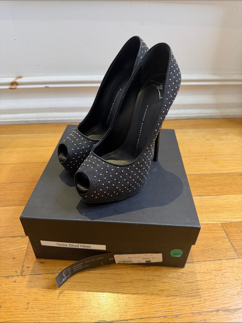 Giuseppe Zanotti Grey Studded Peep-Toe Stiletto Heels